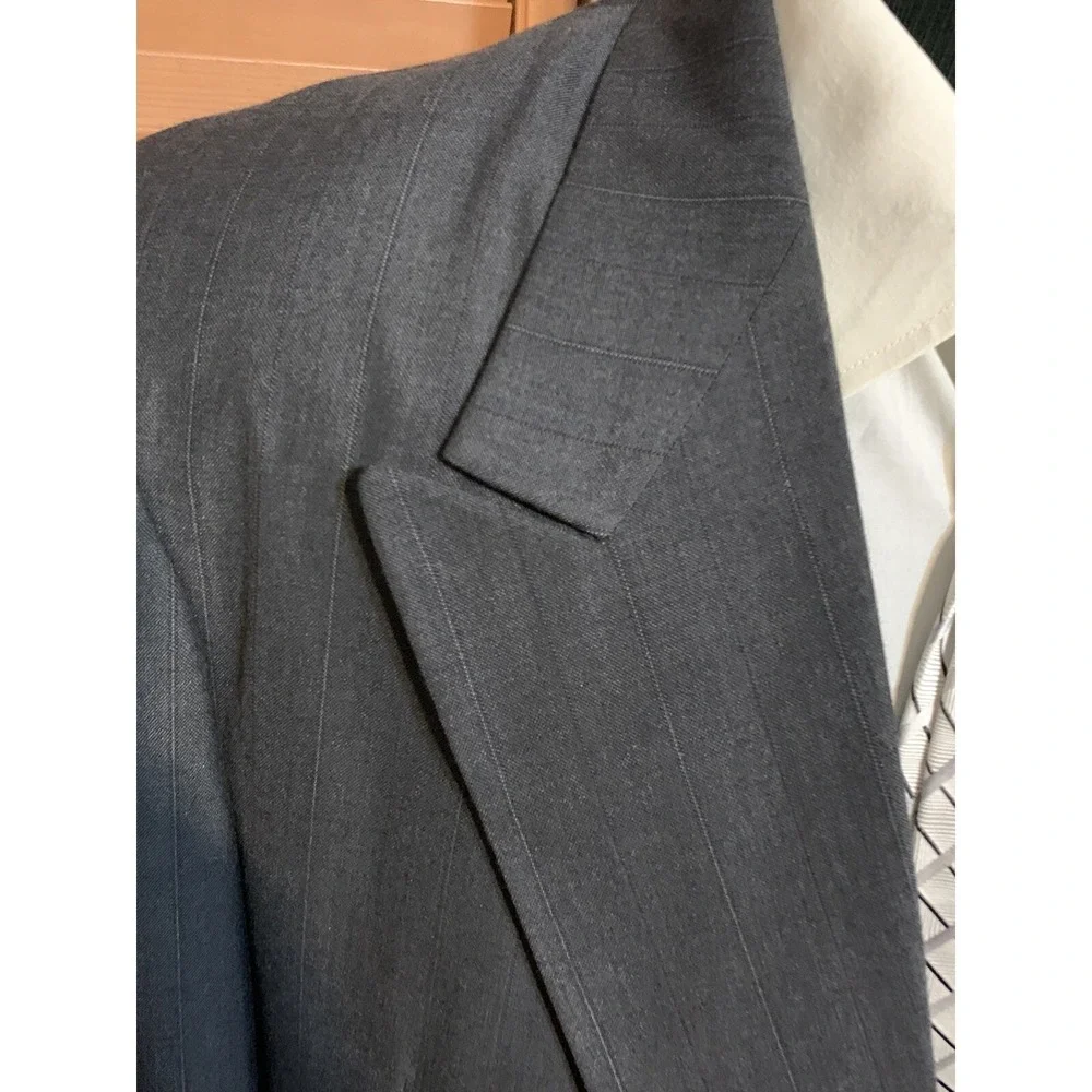 Vtg 80s Charcoal Gray Double Breast Sports Coat 46L Barrington Blue Pinstripe